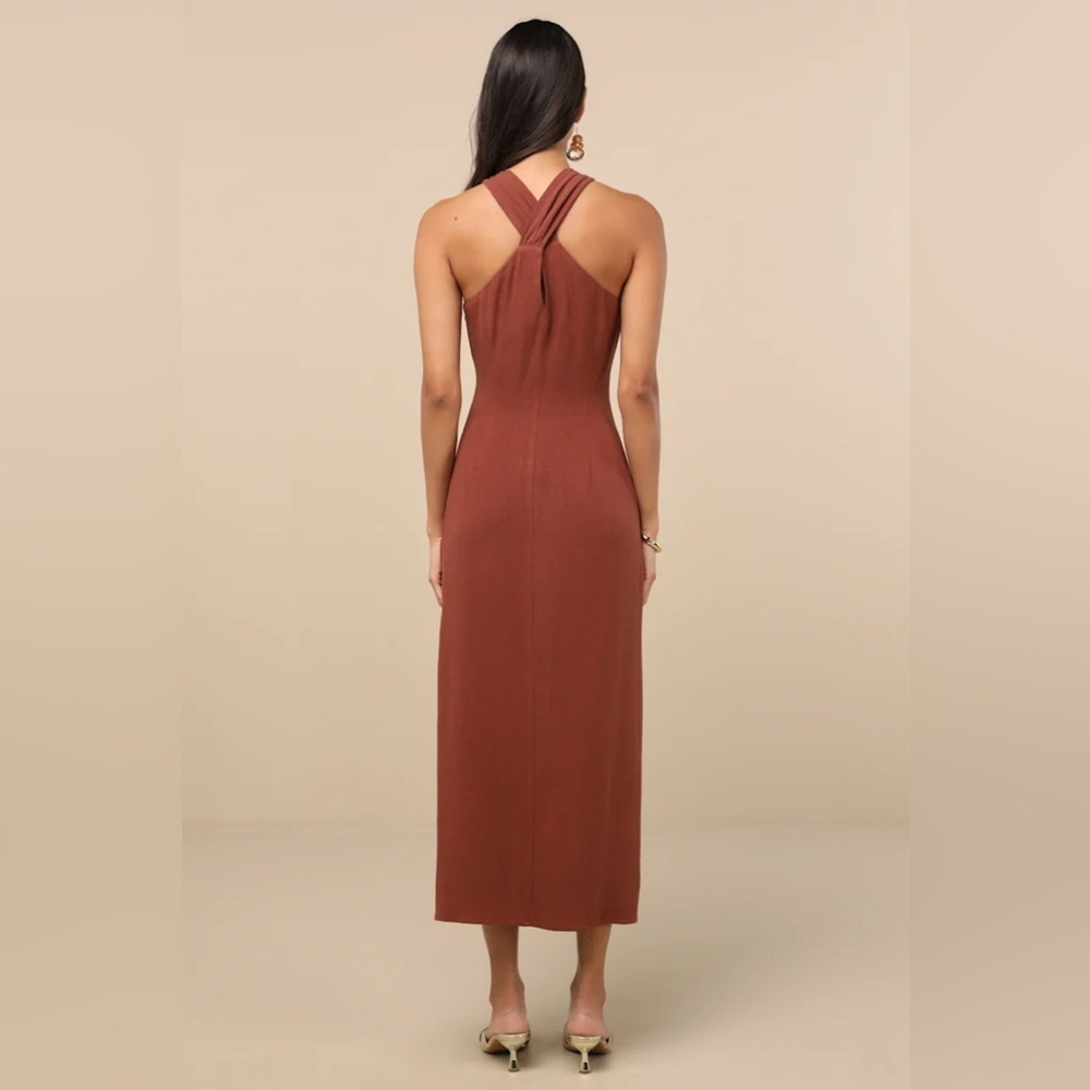 Lulus Calessia Rust Brown Linen Halter Neck Midi Dress - Picture 4 of 8